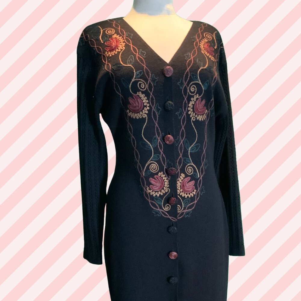 CAROLE LITTLE Sweater Midi Dress Long Sleeve Embroider
